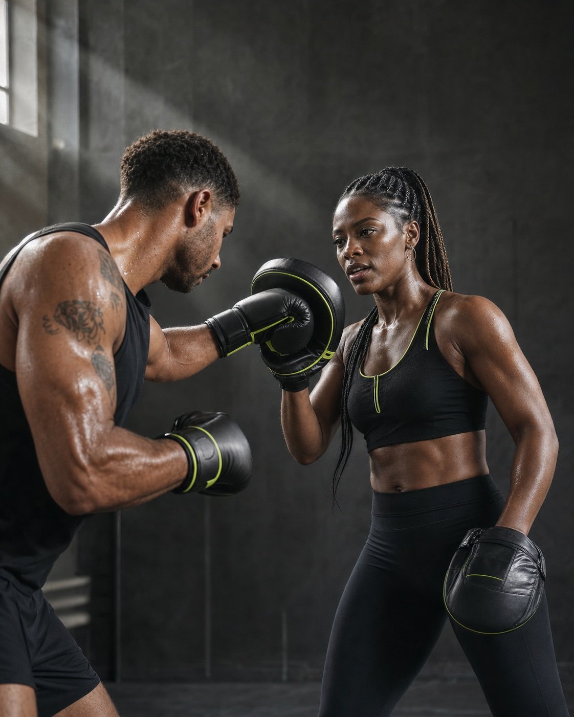 Une coach de boxe guide un athlète pendant un entraînement aux pattes d’ours