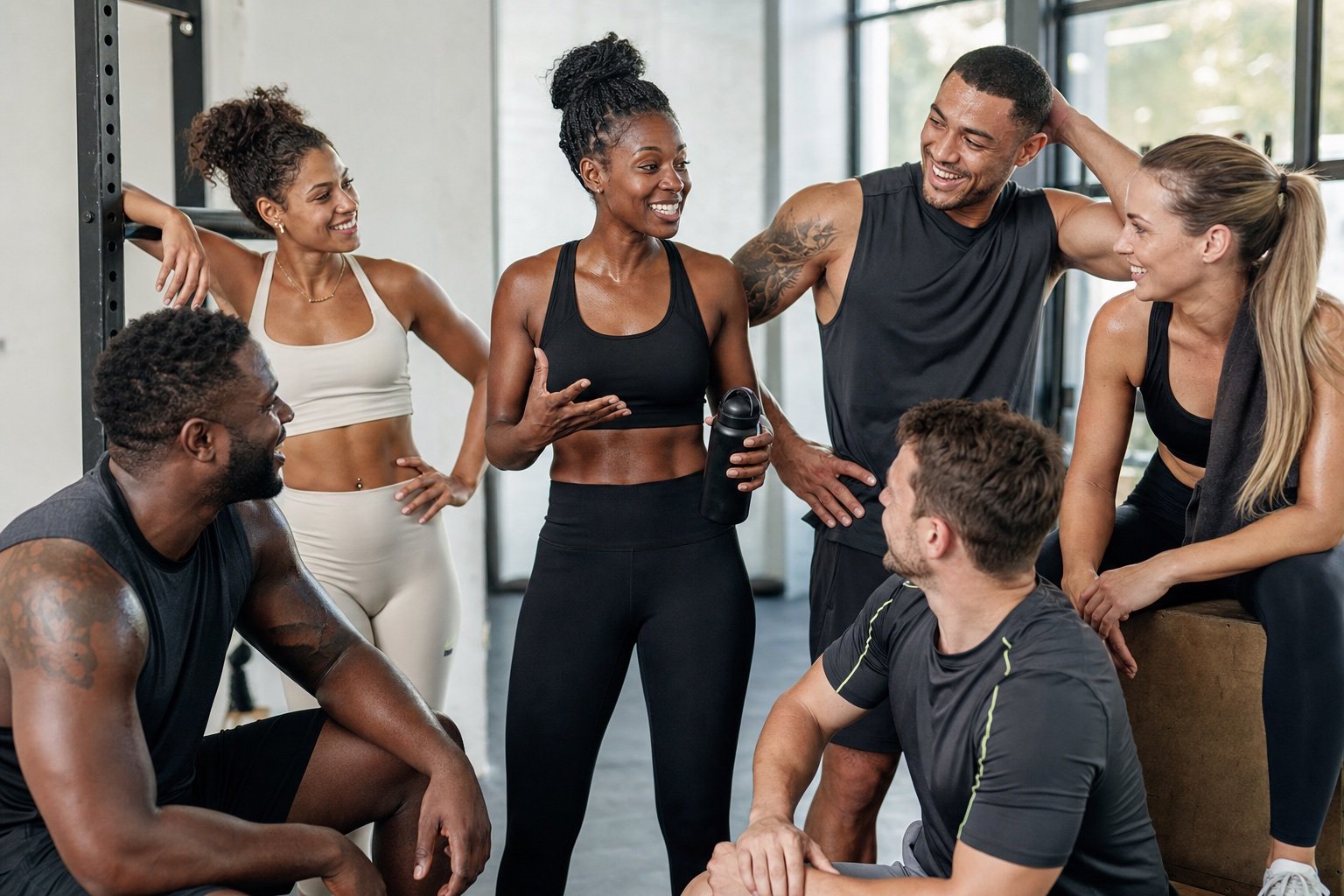 Un groupe inclusif d’athlètes adultes échange avec sa coach après une séance