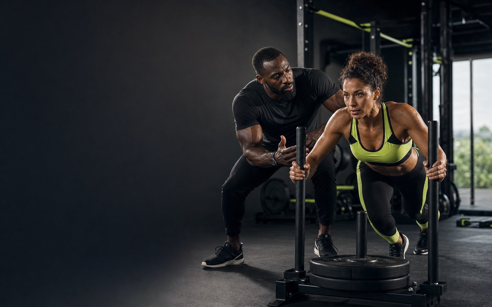 Un coach sportif accompagne une athlète pendant un exercice de poussée de traîneau